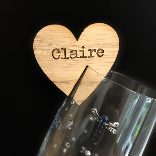 Personalised Wooden Heart Wedding Wine Glass Charms - Rustic Place Names