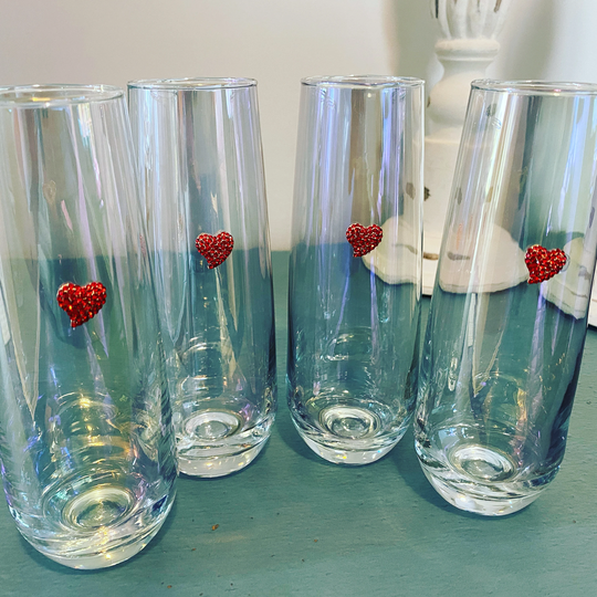 Set Of 4 Iridescent Champagne Glasses With Small Red Heart Embellishment, Romantic Theme Stemless Flutes, Rhinestone Flute Set