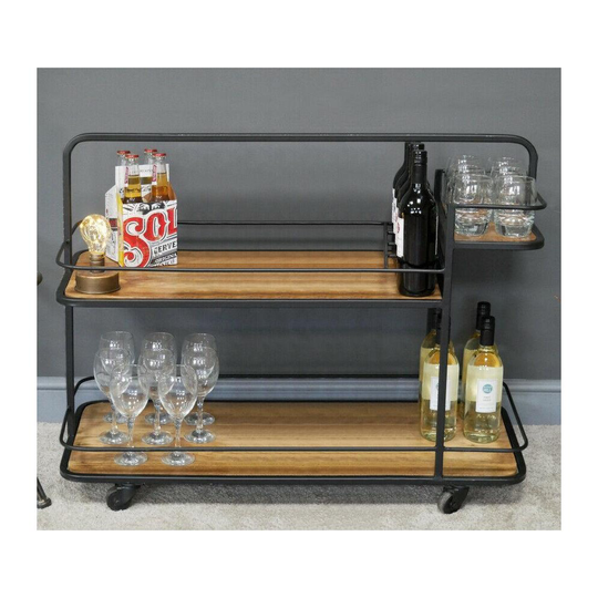 Industrial Style Portable Wine Trolley Drinks Bar Metal Wooden Stand 2 Tier NEW