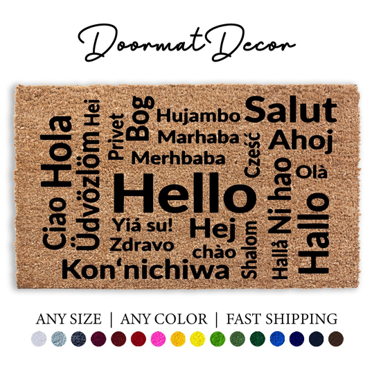 Hello Hallo Ciao Hola Salut Willkommen Hey Bog Doormat, Goodbye Door Mat, Languages Welcome Rug, Custom Personalized Gift