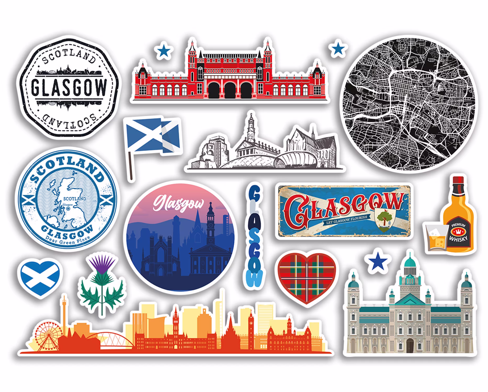 A5 Sticker Sheet Glasgow Landmarks Vinyl Stickers - Scotland Beach Airport Stamps Skyline Scrapbooking Travel Holiday City Luggage #79113