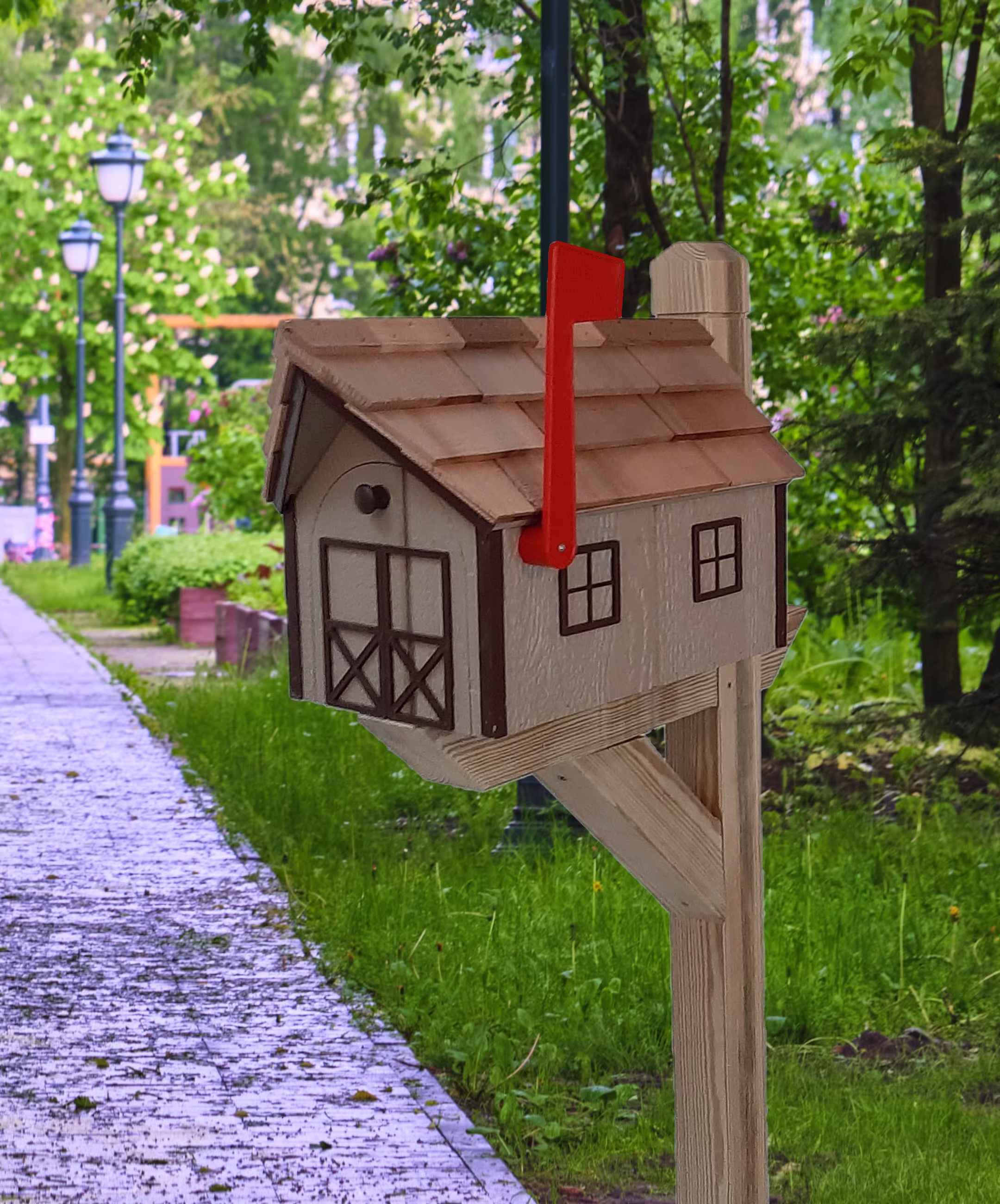 Barn Mailbox - Handmade Wooden Rustic Clay Amish With A Tall Prominent Sturdy Flag Rural Cedar On Post