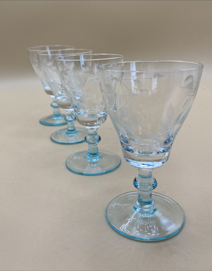 Set Of 4 Liqueur Glasses, Shot Aperitif Digestif Glasses, Engraved Glass Goblets, Blue Stem, Drinkware, Home Deco