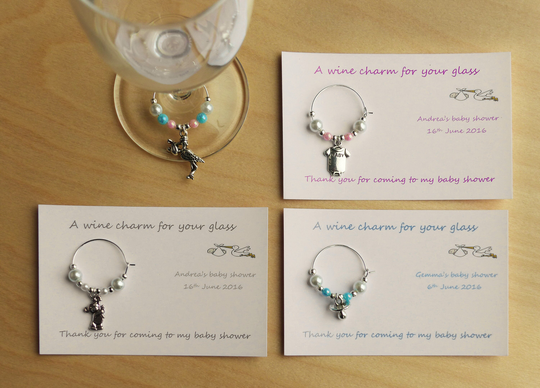Baby Shower Favours Personalised Cards. Wine Glass Ring Charms. Pink, Blue Or White. Christening, Baptism, Naming. Girl Baby Boy