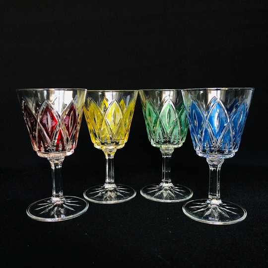 Set Of 4 Vintage Vmc Reims French Harlequin Crystal 4.5Oz Liqueur Glasses - Red, Yellow, Blue , Green