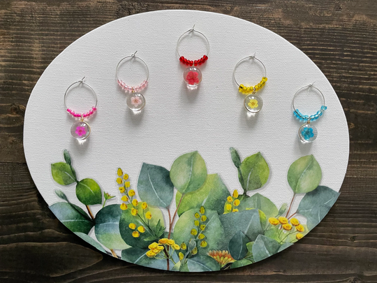 Dried Flower Resin Wine Glass Charms, Set Of 5 Decorative Marker Accessories For Wine