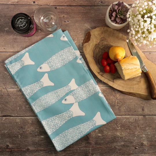 Grey Blue Ocean Shoal 100% Cotton Tea Towel. Soft Natural Material. Beach House Decor, Seaside Home. Designed & Made in England. 47x72cm
