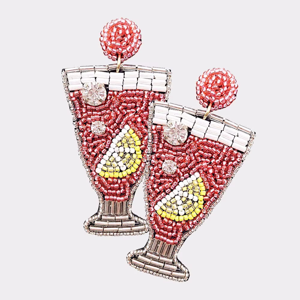 Lemon Cocktail Glass Beaded Earrings - Pink Holiday Earrings, Seed Bead Statement Summer Earrings