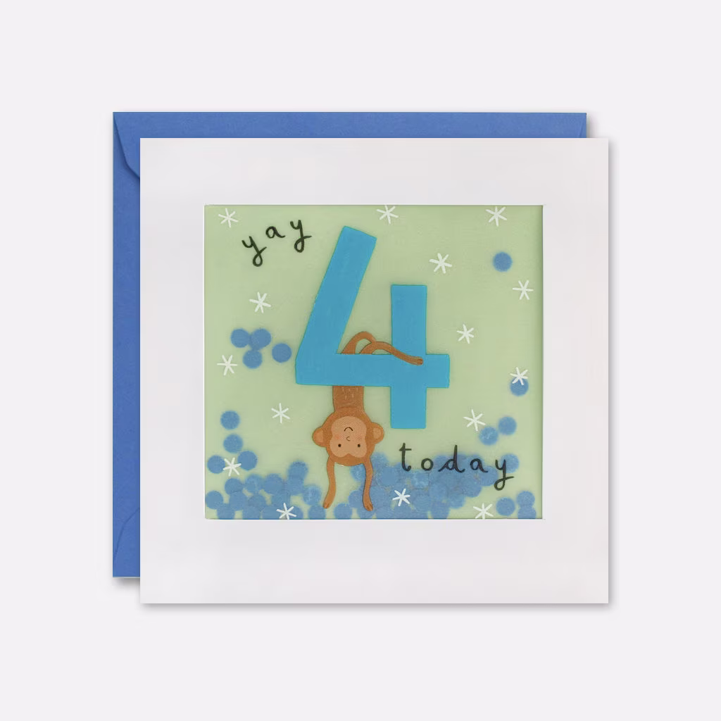 Age 4 Monkey Birthday Card With Paper Confetti - Shakies By James Ellis