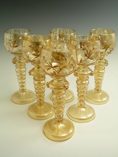 Fritz Heckert Roemer - Antique Gilded Set Of 6 Hock Wine Glasses