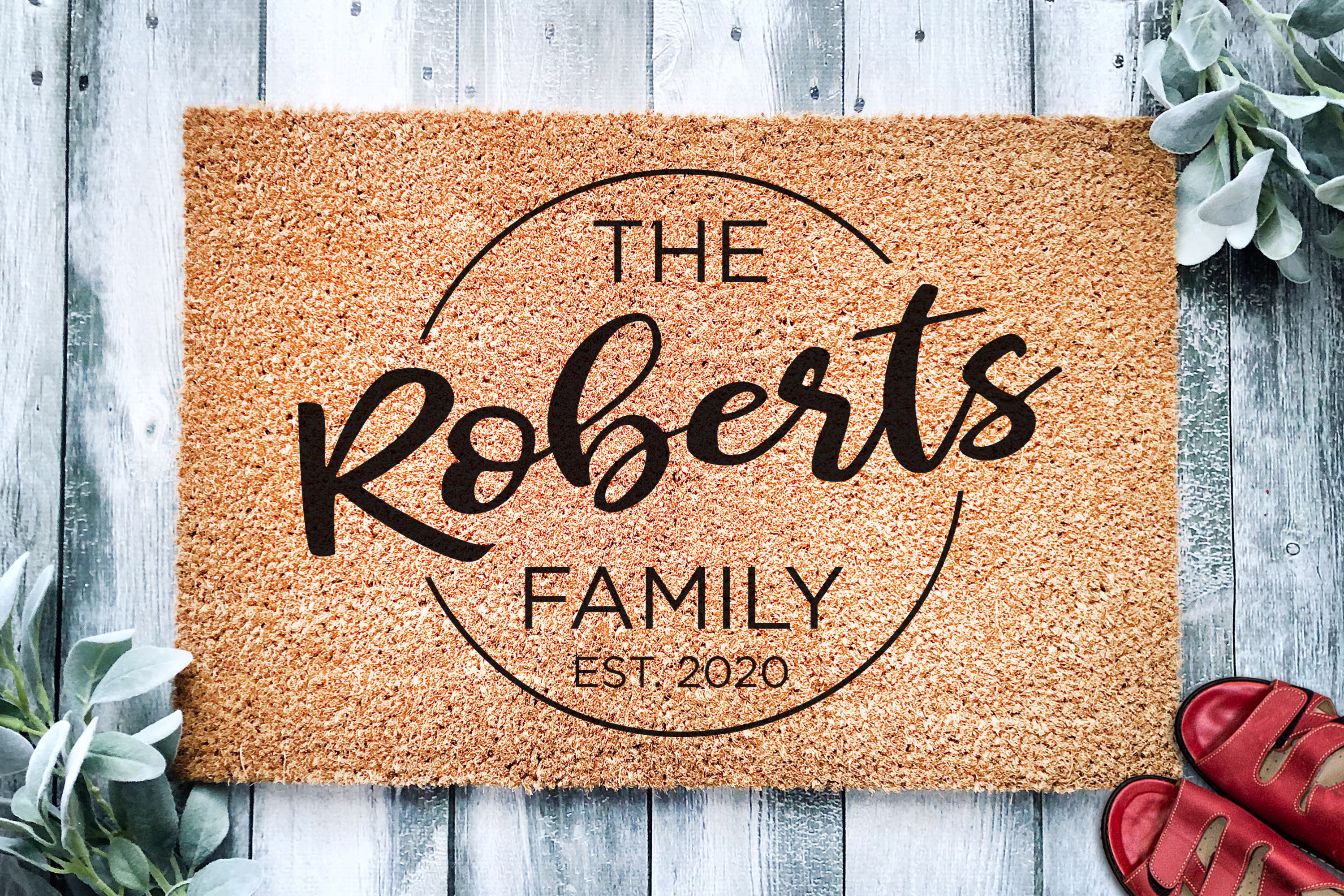 Circle Family Name Housewarming Gift | Wedding Custom Personalized Doormat Closing Welcome Front Door Mat Monogram Rug