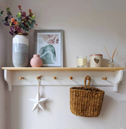 Shaker Peg Shelf in Farrow & Ball Colours With Natural Top Pegs | Free Delivery Excludes Ni, Iow Etc, Please Contact Me For A Quote