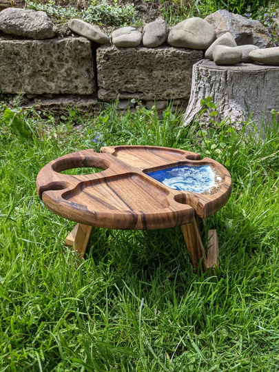 Wine Table For Picnic, Outdoor Table, Folding Portable Walnut Glasses & Bottle