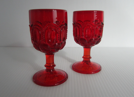 2-Pc Wine Goblet Moon & Stars Ruby Red By L.g. Wright Glass Vintage 1950S Antique Palace Pattern Pressed Fire Polished Crafted in Usa