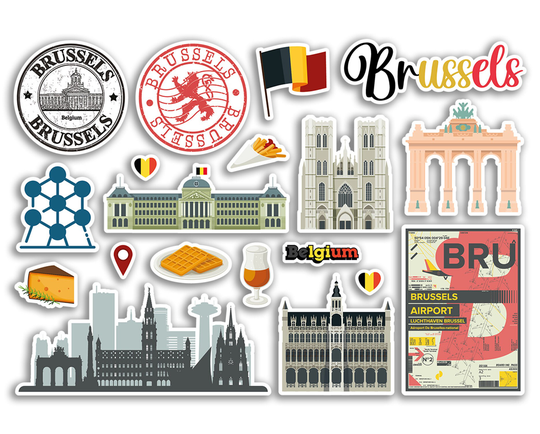 A5 Sticker Sheet Brussels Landmarks Vinyl Stickers - Belgium Belgian City Map Airport Stamps Skyline Flag Travel Holiday Scrapbook #79133