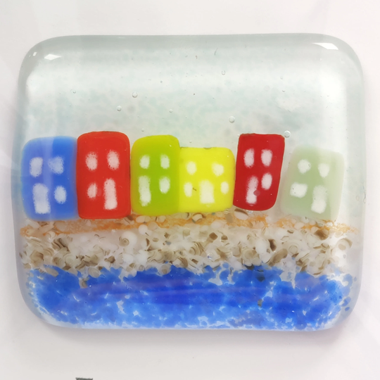 Fused Glass Fridge Magnet - Beach -Seaside Houses- Ocean