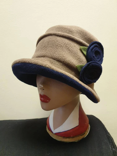 Camel & Navy Fleece Cloche Hat-Polar LinedDownton Abbey Hat-Womens Winter Hat-1930's-Ladies Hat