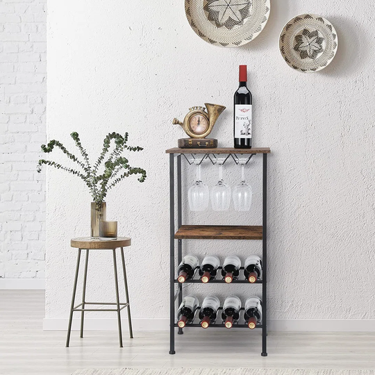 Perfas 8 Bottle Floor Wine Bottle & Glass Rack in Rustic Brown
