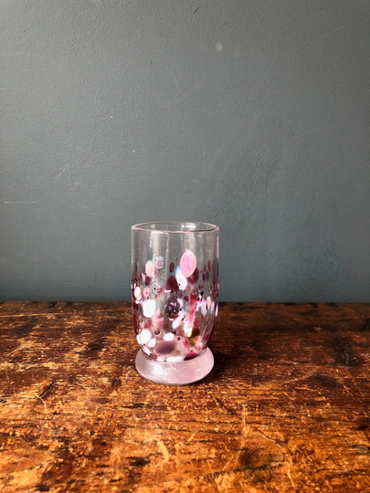 Vintage Shakespeare Glass Footed Tumbler Pink Confetti Art Clear & Signed Shaks