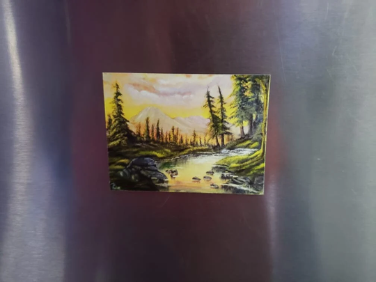 Creek Through Woods With Mountains Magnet, Bob Ross Style Art Pretty Nature Beautiful Sunrise