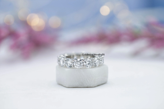 3.06 Ct Round Cut Moissanite Wedding Band, Simulated 925 Silver Engagement 14K White Gold Full Eternity Matching Women's Band
