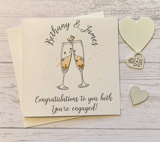 Personalised Engagement Card With Clinking Champagne Glasses Delicate Rhinestones. Congratulations