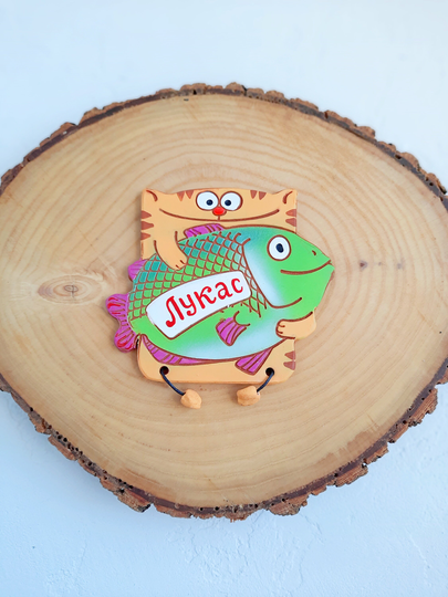 Personalized Ceramic Kitchen Fridge Magnet Cat With Fish, Custom Refrigerator Magnet