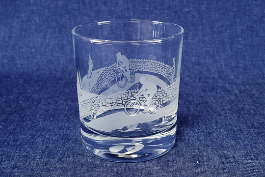 Road Cycling Engraved Glass Drinks Tumbler, With Cyclists Along A Quiet Countryside Seaside Road