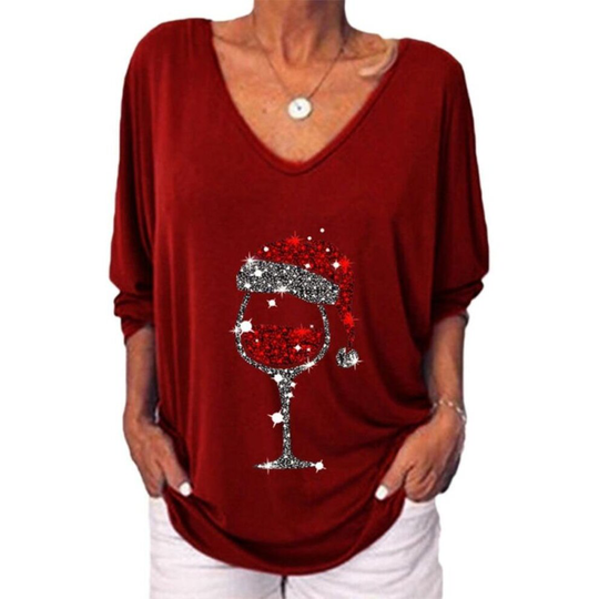 (Wine Red, L = UK 12) Ladies Xmas 3/4 Sleeve V-Neck T Shirt Wine Glasses Printed Casual Pullover Tops