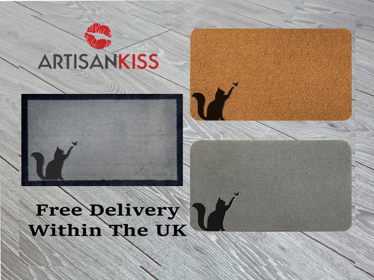 Cat & Butterfly Coir Synthetic Nylon Light Grey Brown Cream Green Novelty Funny Door Mat