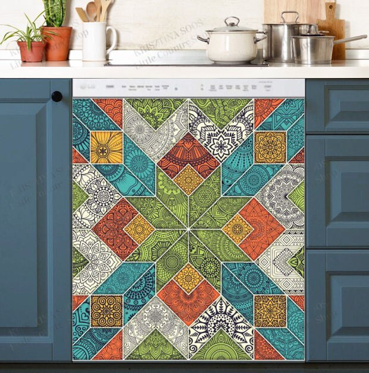 Kitchen Dishwasher Magnet Cover - Bohemian Folk Art Ethnic Mandala Patchwork Pattern
