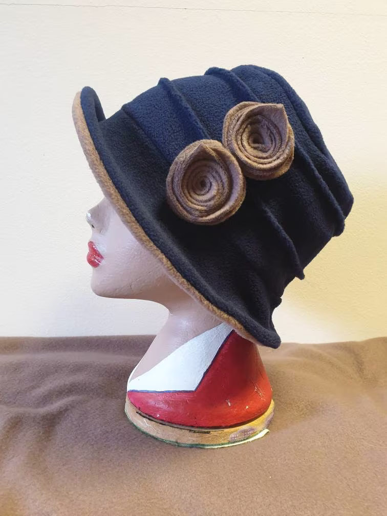 Stylish 20's Style Navy & Camel Cloche Fully Fleece Lined-Downton Abbey Hat-Womens Winter Hat-Ladies Hat