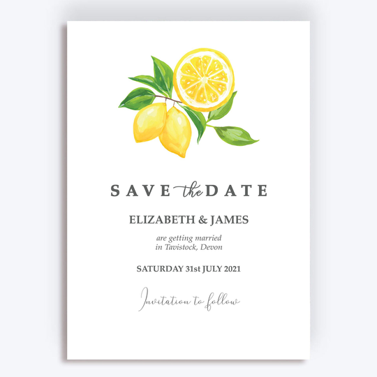 Watercolour Lemons Wedding Save The Date Cards & Envelopes