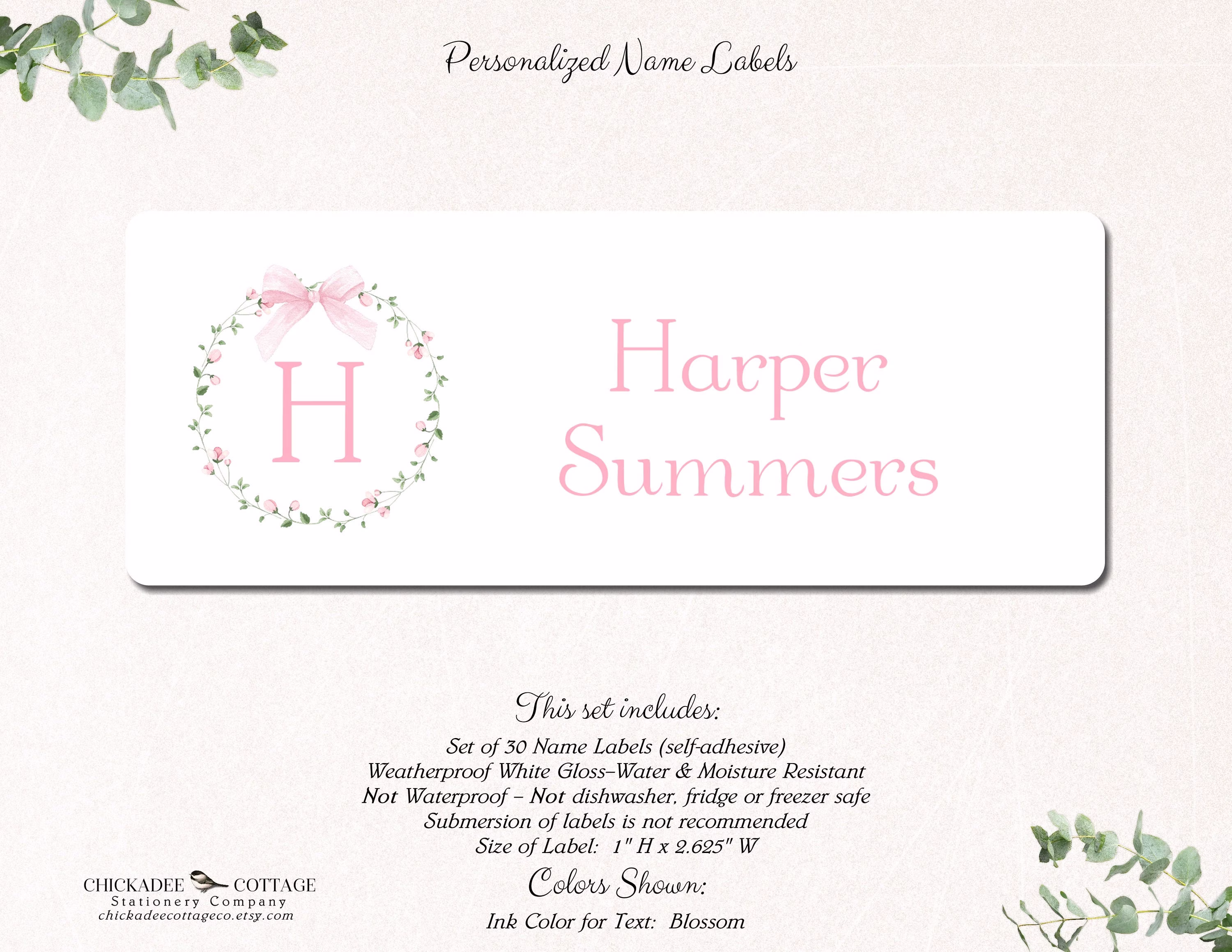 Personalized School Labels For Girls, Name Stickers, Supply Labels, Initial Sweet Rose Wreath