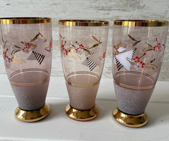 1950S Trio Of Drinking Glasses, Smoky Purple & Pink Glass With Flower Geometric Pattern. Vintage Cocktail Glasses