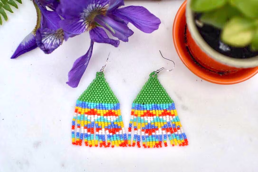 Chandelier Seed Bead Earrings in Green, Turquoise, & Orange Pattern
