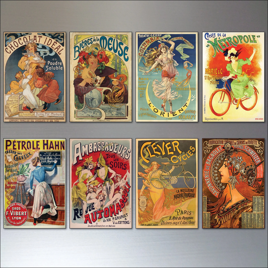 A Set Of 8 Vintage French Art Nouveau Bohemian Poster Prints Fridge Magnets - No.1