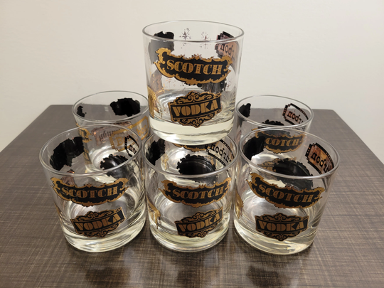 Mid Century Barware Glasses/22K Gold Favorite Alcoholic Beverage Scotch Gin Bourbon Vodka Rum /Set Of 7 Old Fashioned /Vintagesouthwest