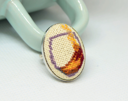 Embroidered Ring With Wine Glass, Gift For Lover, Oval Beige Cross Stitch