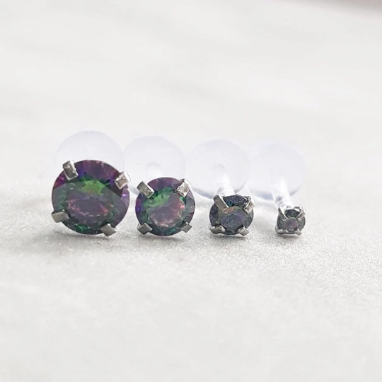 Onyx Rainbow 16G Crystal Prong Set Bioflex Push in Labret Bars, Flexible Triple Helix Studs, Labret Flat Back Studs Fo