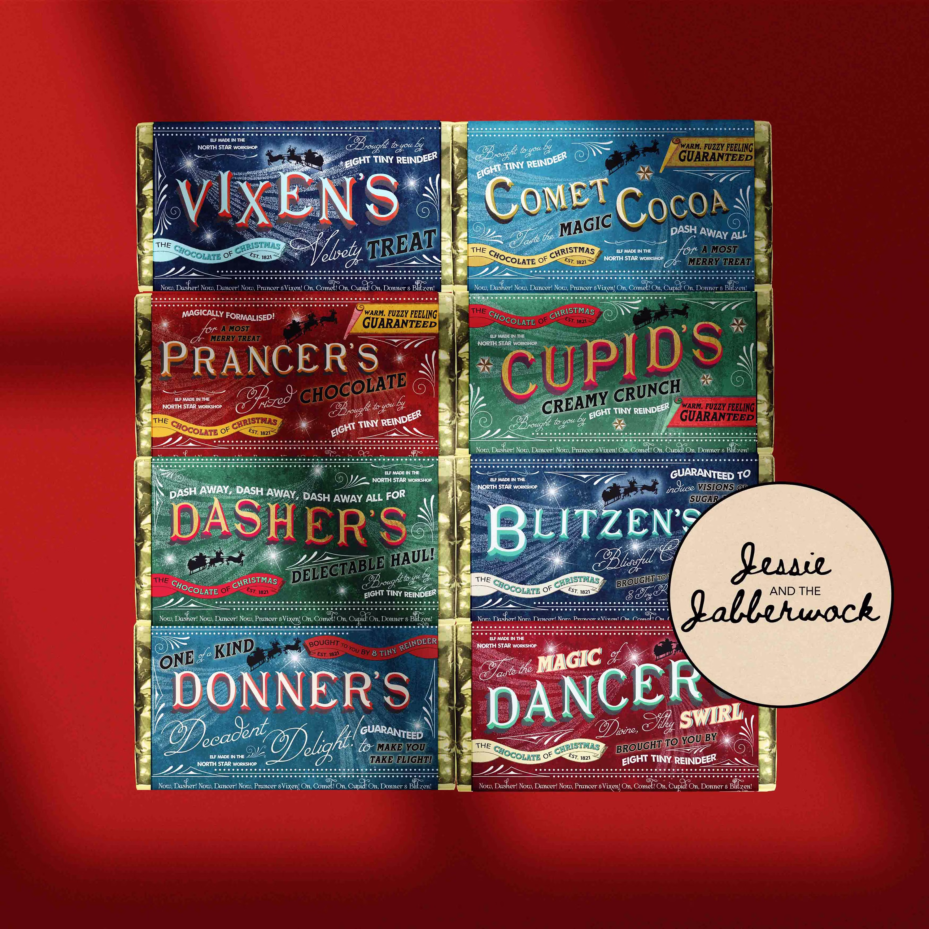 Tiny 8 Reindeer Christmas Chocolate Bar Set | Magical Elf Made Stocking Fillers Wrappers Father Gift Believe in Magic