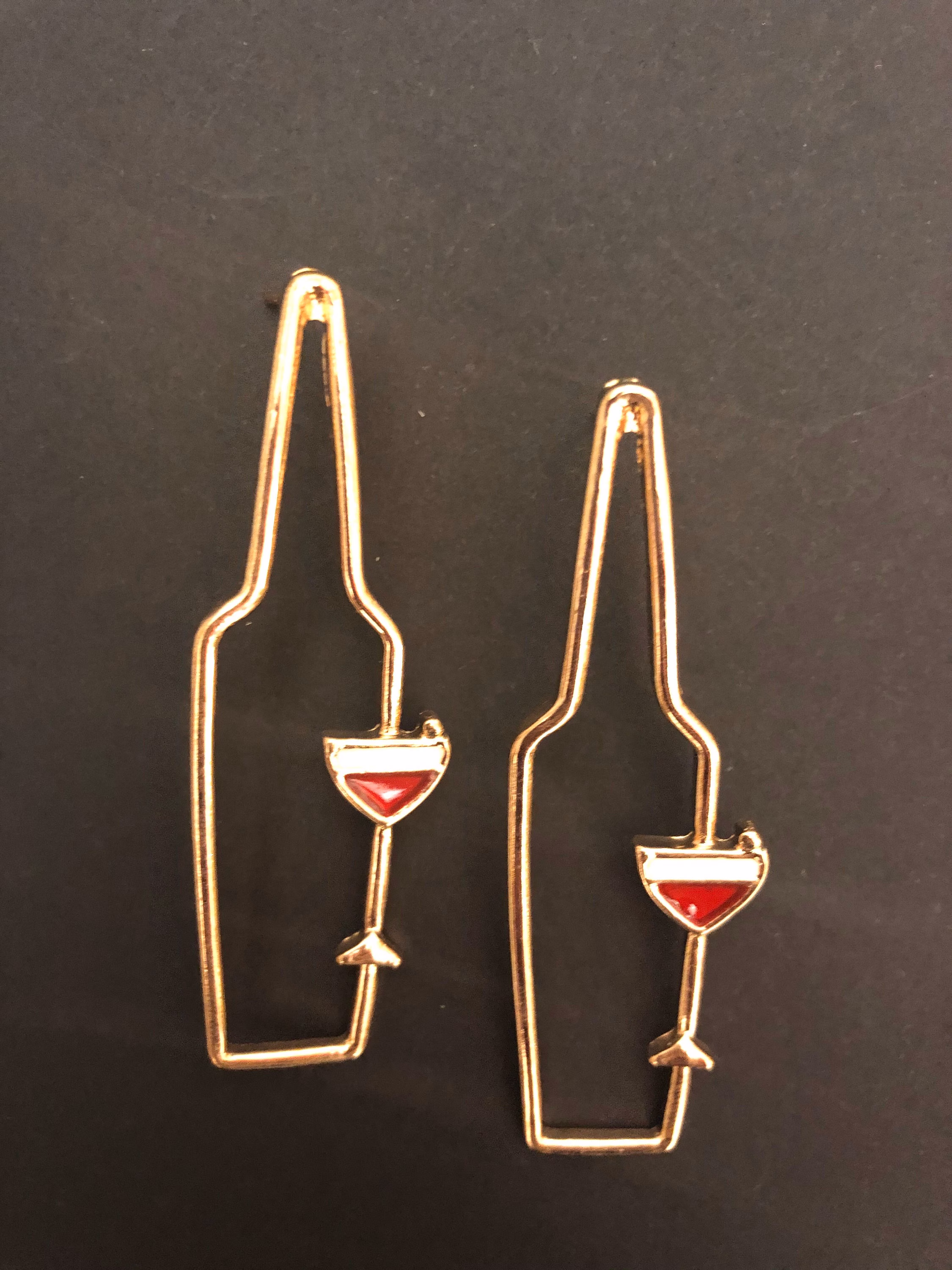 Alcohol Bottle Wine Glass Funny Gold Dangle Studs Earrings Kitsch Style Minimal Jewellery