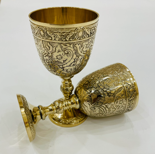 Vintage Handmade Brass King's Royal Chalice Embossed Cup 6 Inch Goblet | Set Of 2