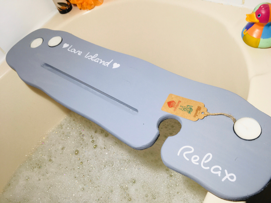 68cm Handmade Curvy Light Grey Bath Board/Shelf Caddy - Wine Glass Tealights & Phone Slot