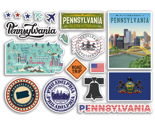 A5 Sticker Sheet Pennsylvania Landmarks Vinyl Stickers - America States City Airport Stamps Skyline Flag Map Travel Holiday Scrapbook #79159
