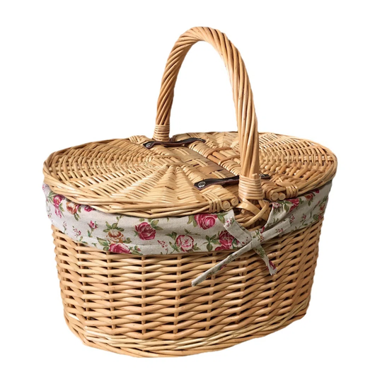 Garden Rose Lining Buff Oval Picnic Basket