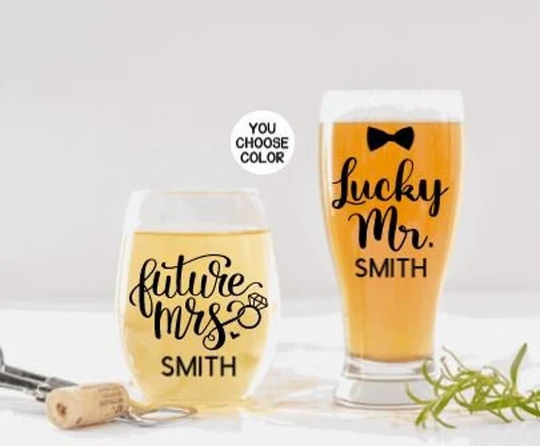 Engagement Gift For Couple, Personalized Gifts, Future Mrs. & Lucky Mr. Glasses, Just Engaged Gift, Custom Gifts