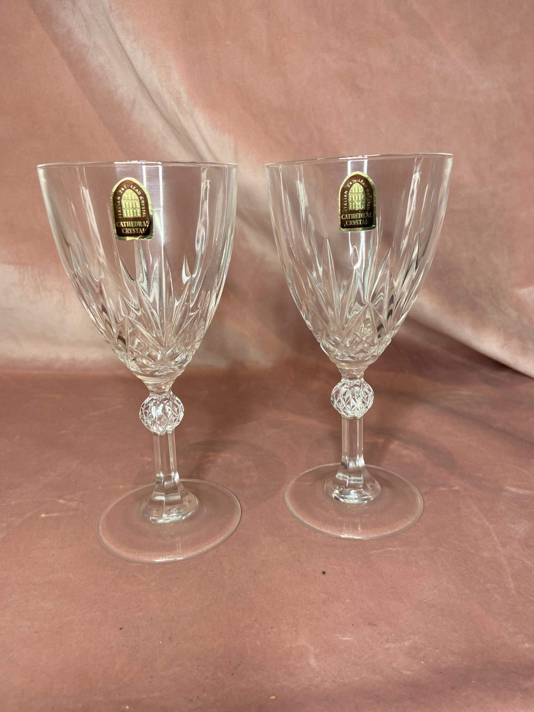 Catedral Crystal By Dema Italian 24% Lead Crystal.beautiful Vintage Set Of 2 Tall Crystal Wine Glasses.unique Engraver