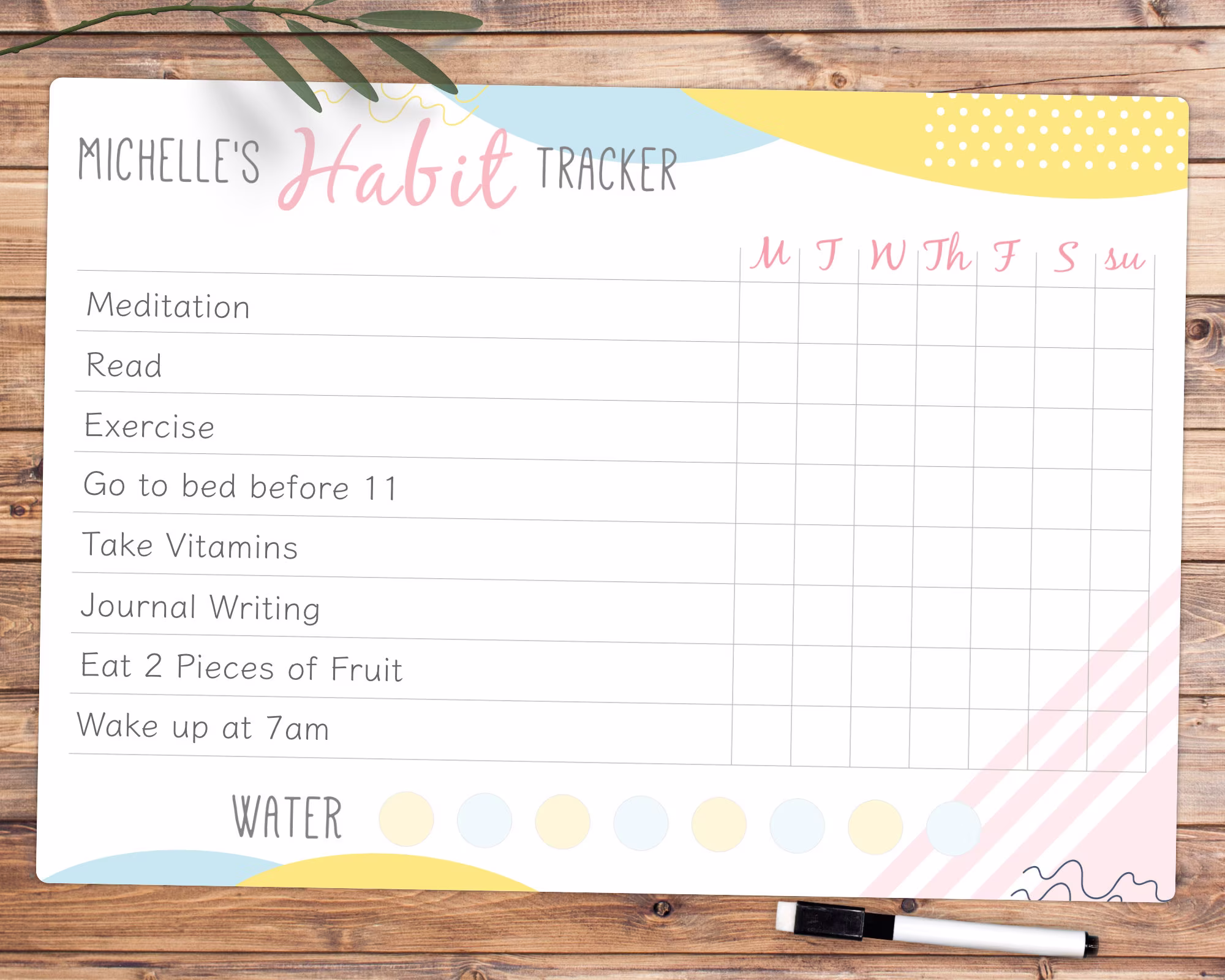 Personalised Daily Habit Tracker Dry Wipe Whiteboard, Reusable Erase Wellness & Water Tracker, Weekly Goal Setting Log List