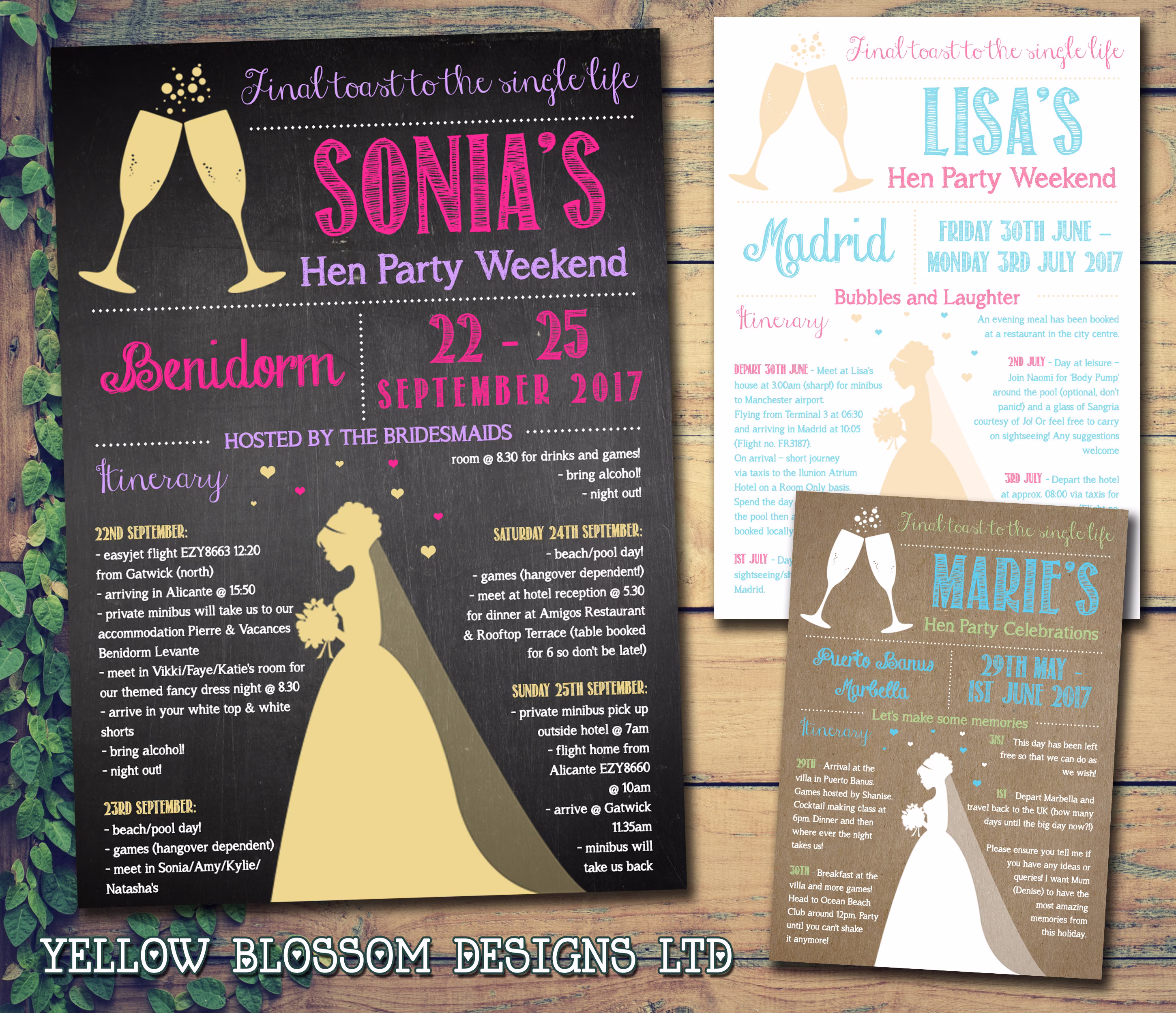 10 Bride Hen Night Weekend Itinerary Party Invitations Champagne Glass Invites Pink Purple White Cream Chalkboard Bespoke Personalised Cute